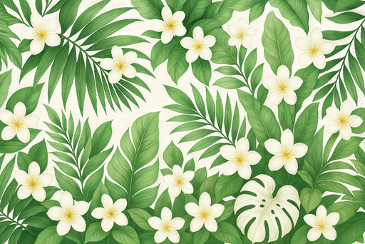 Papier peint tropical aux motifs luxuriants de feuilles vertes et de fleurs blanches, créant une ambiance fraîche et apaisante.