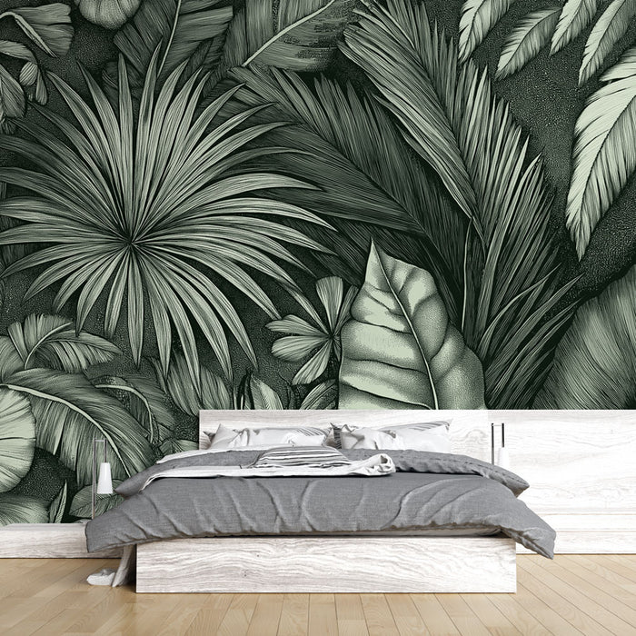 Une chambre moderne avec un papier peint tropical en nuances de vert représentant des feuilles exotiques détaillées, créant une atmosphère apaisante et naturelle.