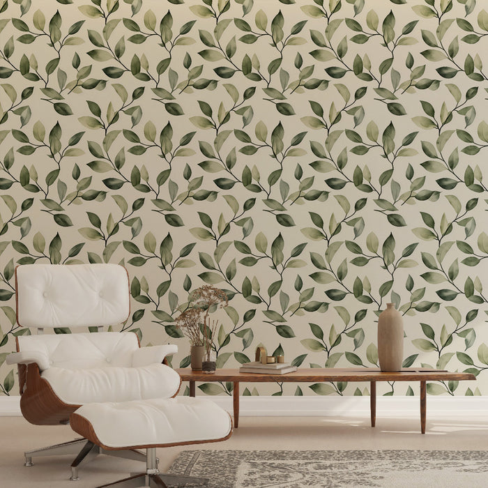 Une pièce élégante avec un papier peint floral aux motifs de feuilles vertes sur fond beige, créant une atmosphère naturelle et apaisante.
