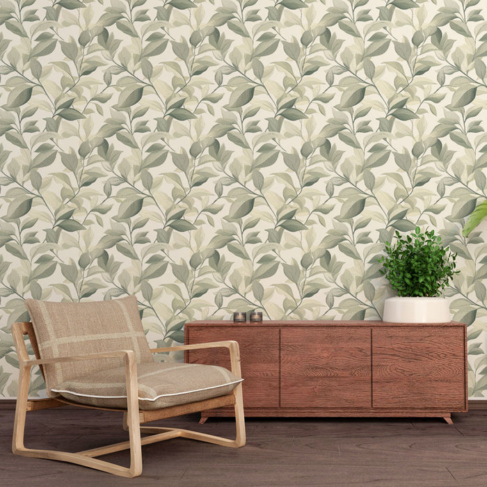 Une pièce lumineuse avec un papier peint floral aux motifs de feuilles vertes sur fond clair, créant une atmosphère apaisante et naturelle.