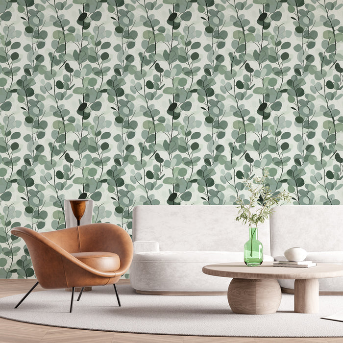 Un salon moderne avec un papier peint aux motifs de feuillage vert tendre sur fond clair, créant une atmosphère apaisante et naturelle.