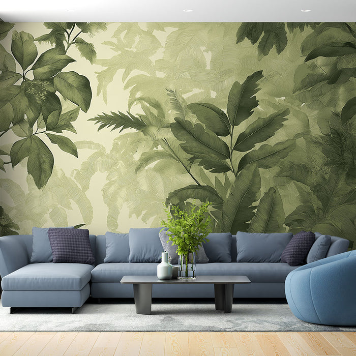 Un salon moderne avec un papier peint tropical aux motifs de grandes feuilles vertes sur un fond clair, créant une ambiance apaisante et naturelle.