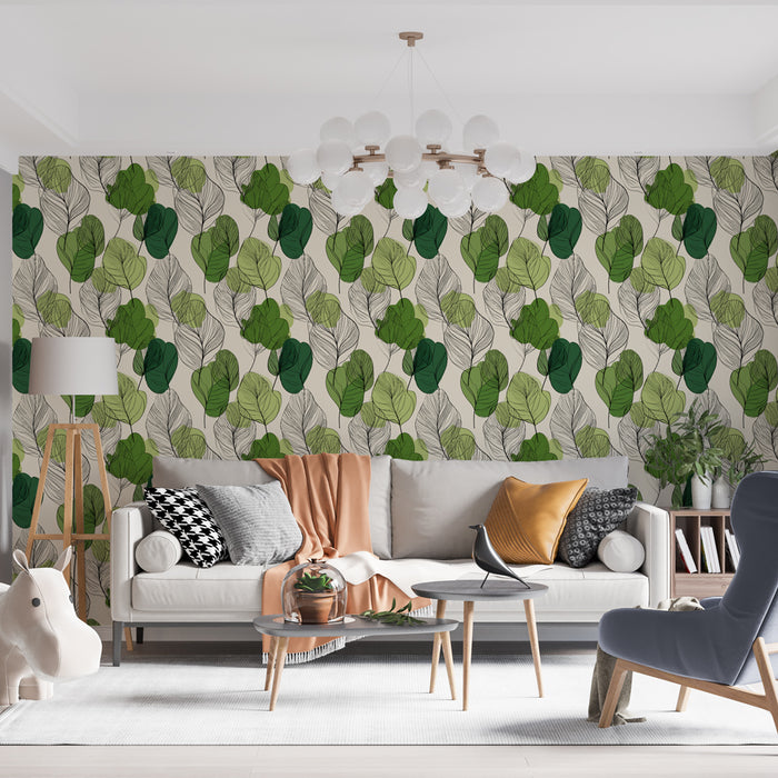 Un salon moderne avec un papier peint aux motifs de feuilles vertes et grises sur fond clair, créant une ambiance naturelle et apaisante.