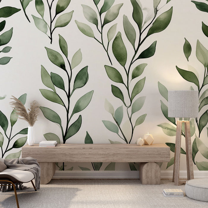 Papier peint feuillage vert | Motifs et branchages sur fond blanc