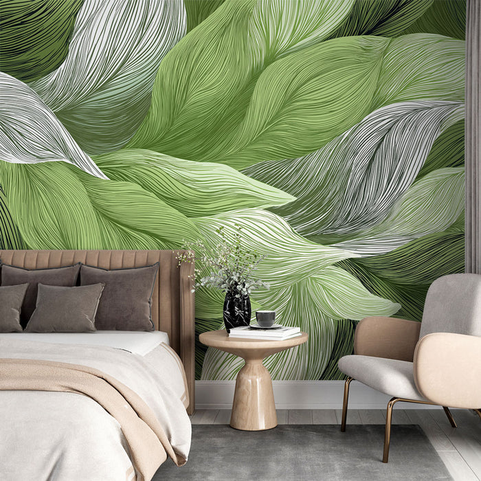 Une chambre élégante avec un papier peint aux motifs de feuilles stylisées dans des nuances de vert et blanc, créant une atmosphère apaisante et naturelle.