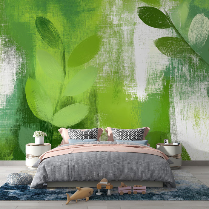 Papier peint feuillage vert | Style peinture et feuilles vertes