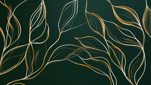 Papier peint feuillage vert Traits blancs et dorés