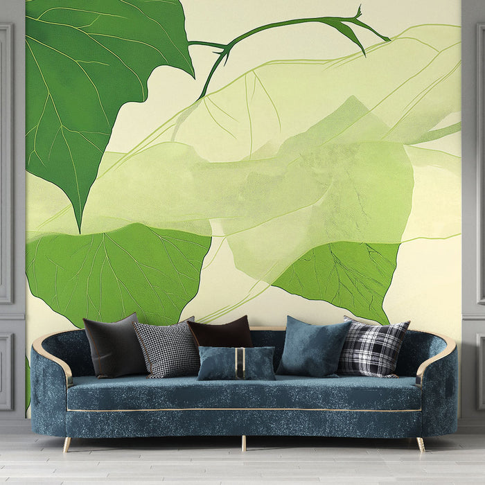 Papier peint feuillage vert | Voile pastel et ambiance abstraite