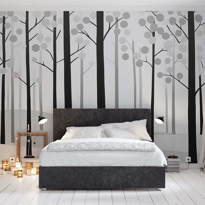 Papier peint forêt monochrome noir et blanc avec motifs de feuillage pour chambre moderne