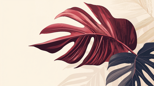 Papier peint feuillages Bordeaux Feuilles exotiques dans des tons rouges et noirs sur fond doux