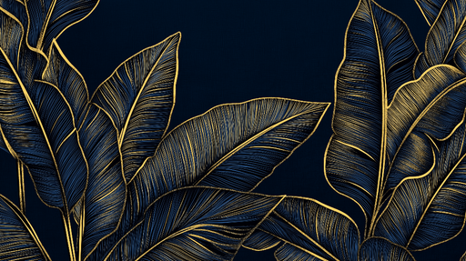 Papier peint feuille de bananier doré Feuilles élégantes sur fond bleu nuit