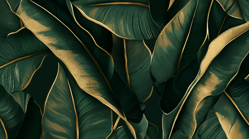 Papier peint feuille de bananier doré Feuilles vertes luxuriantes avec des contours dorés