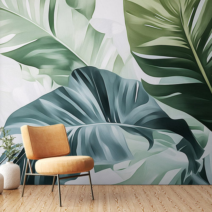 Papier peint feuille de bananier | Feuilles luxuriantes dans des nuances de vert et de bleu