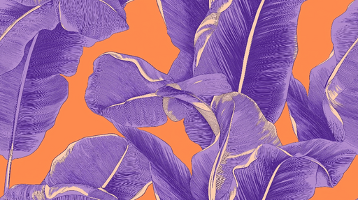Papier peint feuille de bananier Feuilles violettes sur fond orangé