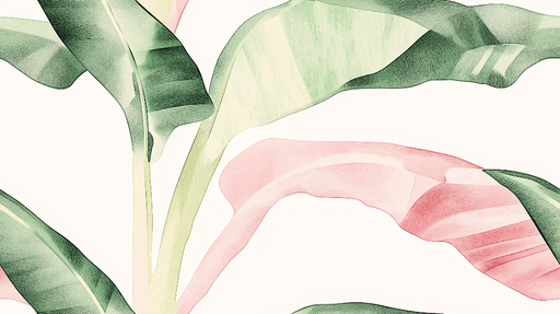 Papier peint feuille de bananier Grande feuilles vertes et touches de rose délicat