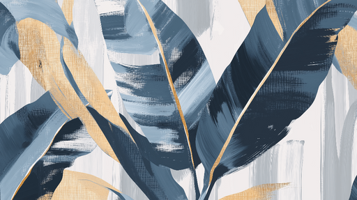 Papier peint feuille de bananier moderne Feuilles stylisées aux teintes bleues et dorées