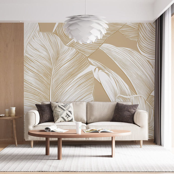 Papier peint feuille de bananier | Motif élégant de feuilles sur fond neutre