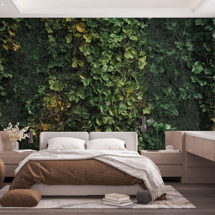 Papier peint feuille de bananier | Mur végétal aux nuances de vert et touches dorées