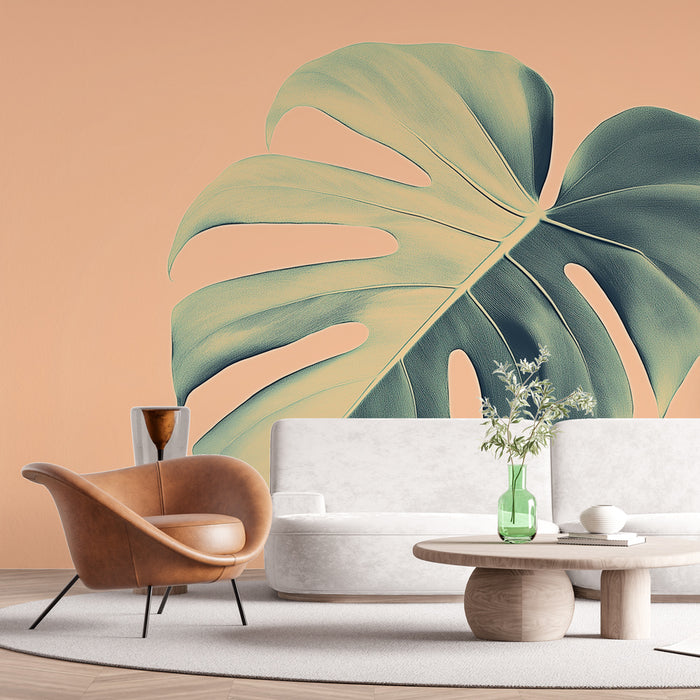 Papier peint feuille de monstera | Feuille de monstera sur fond pêche