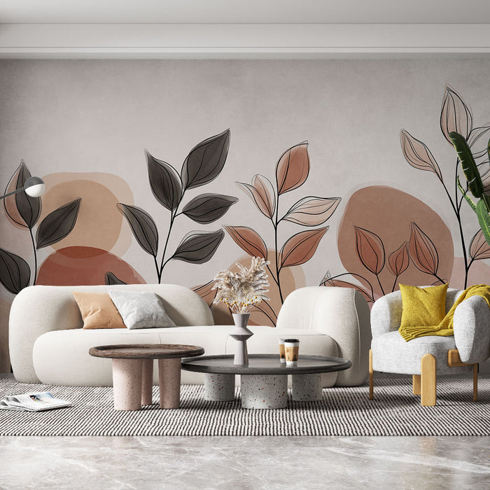 Un salon contemporain avec un papier peint aux motifs de feuilles stylisées dans des teintes douces de beige, terracotta et noir, créant une ambiance chaleureuse et apaisante.