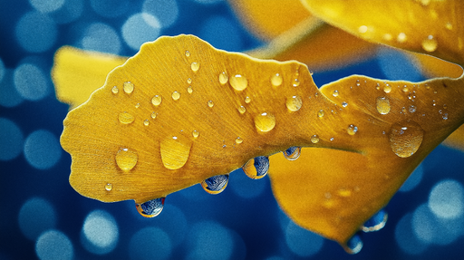 Papier peint feuille jaune Gouttes d'eau sur une feuille vibrante