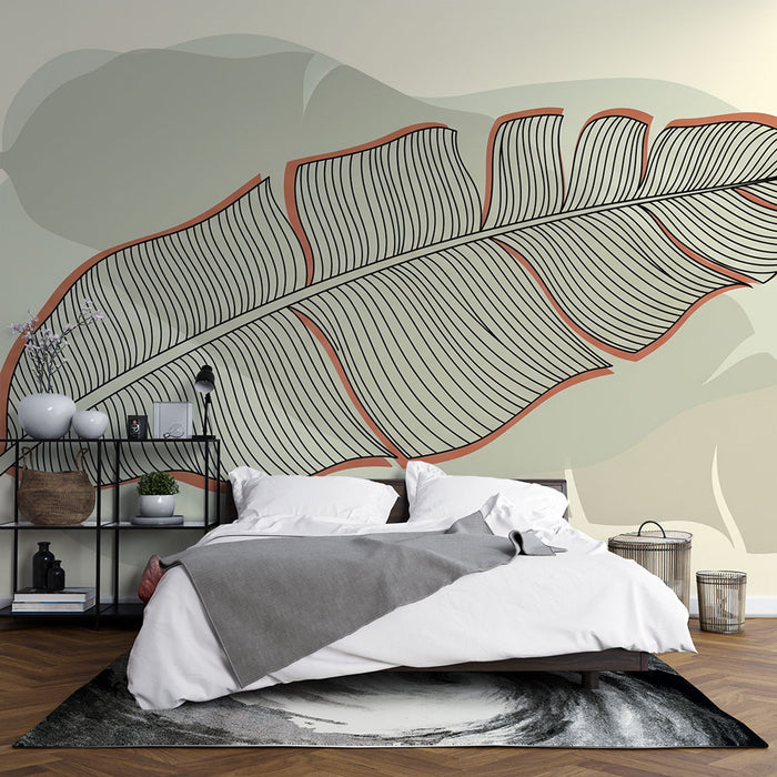 Une chambre moderne avec un papier peint représentant une grande feuille stylisée aux lignes noires sur un fond doux et apaisant, créant une atmosphère naturelle et élégante.