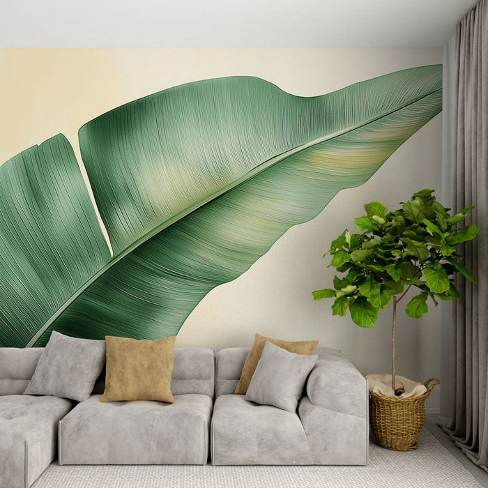 Papier peint feuille tropicale | Feuille verte élégante sur fond doux