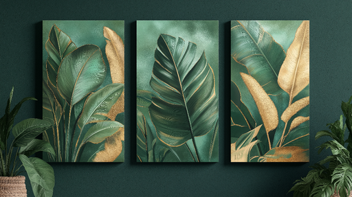 Papier peint feuille tropicale Feuilles stylisées en vert et or sur fond émeraude