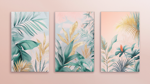 Papier peint feuille tropicale Motifs de feuillage éblouissants avec touches dorées et pastel
