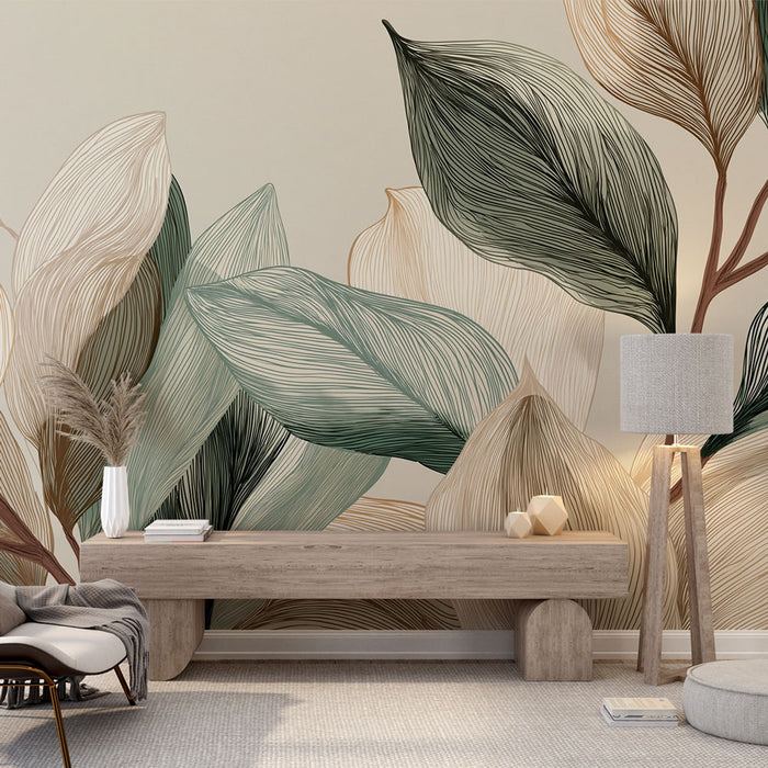 Une pièce moderne avec un papier peint aux motifs de grandes feuilles stylisées dans des teintes douces de vert, beige et marron créant une atmosphère apaisante et naturelle.