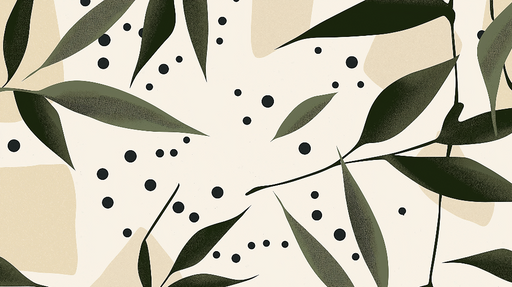 Papier peint feuilles abstraites Motif moderne avec des feuilles et des pois noirs sur fond crème