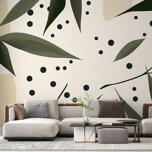 Papier peint moderne avec motif de feuilles abstraites et pois noirs sur fond crème pour salon élégant