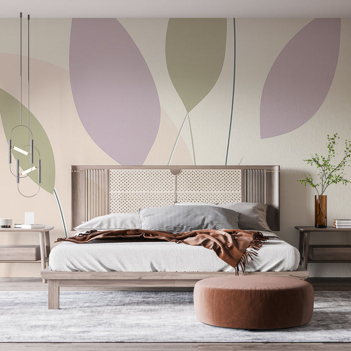 Papier peint abstrait pastel avec motif de feuilles délicates pour chambre moderne