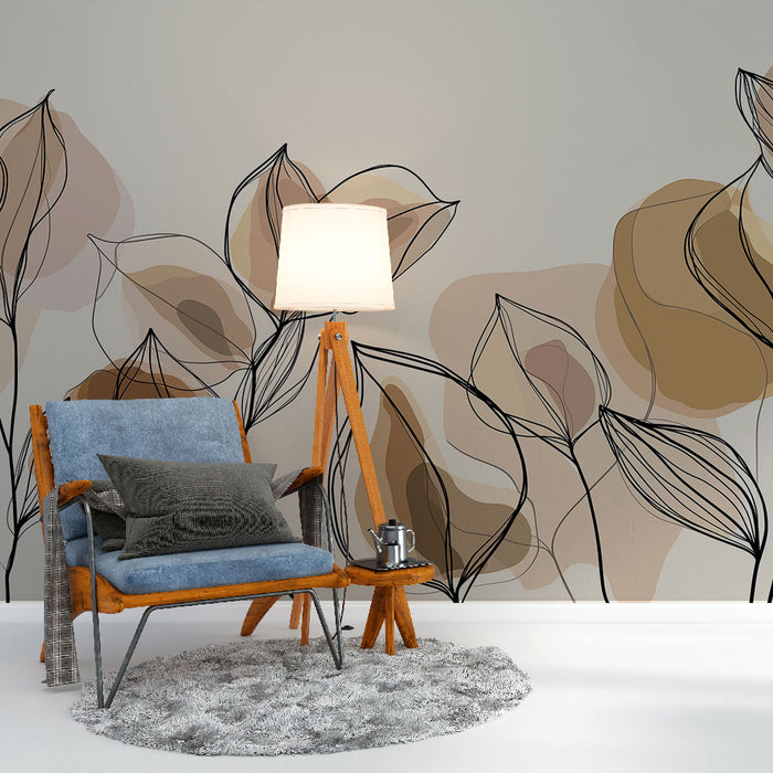 Une chambre accueillante avec un papier peint aux motifs de feuilles stylisées dans des teintes douces de beige et marron, créant une atmosphère apaisante et moderne.