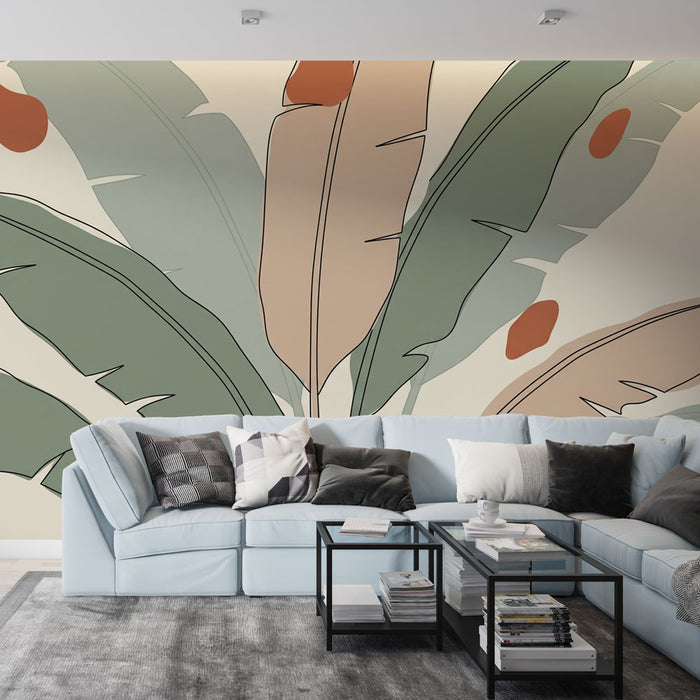 Un salon moderne avec un papier peint tropical aux grandes feuilles stylisées dans des teintes vertes et terracotta, créant une ambiance fraîche et accueillante.