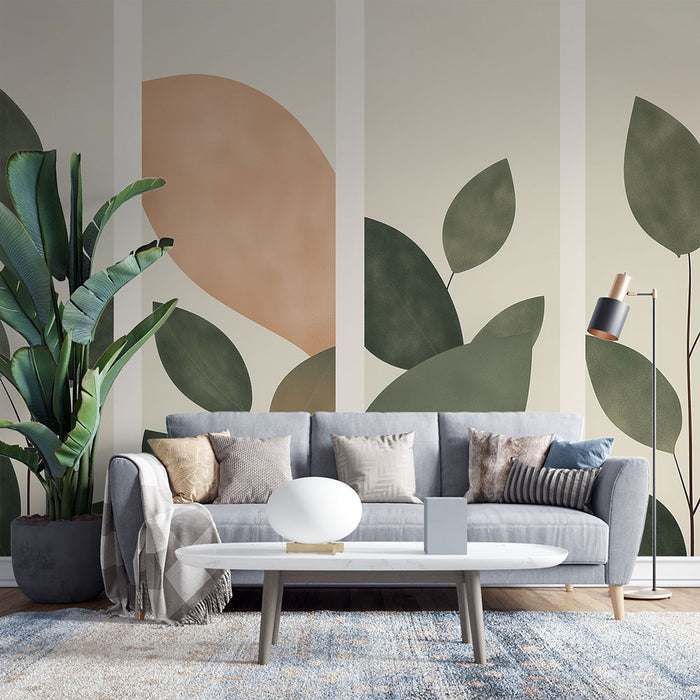 Papier peint feuilles abstraites | Motifs modernes et apaisants en vert et rose