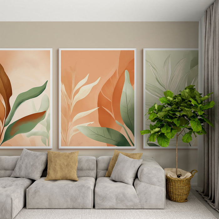 Papier peint feuilles abstraites | Trio de feuilles stylisées aux teintes douces