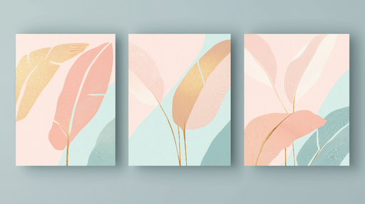 Papier peint feuilles abstraites Un trio de feuilles pastel avec des touches dorées