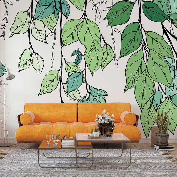 Un salon moderne avec un papier peint représentant de grandes feuilles vertes stylisées sur fond clair, créant une ambiance fraîche et naturelle.