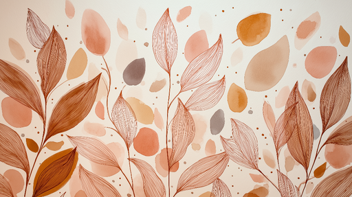 Papier peint feuilles aquarelle Motifs délicats de feuilles et gouttes dans des teintes chaudes