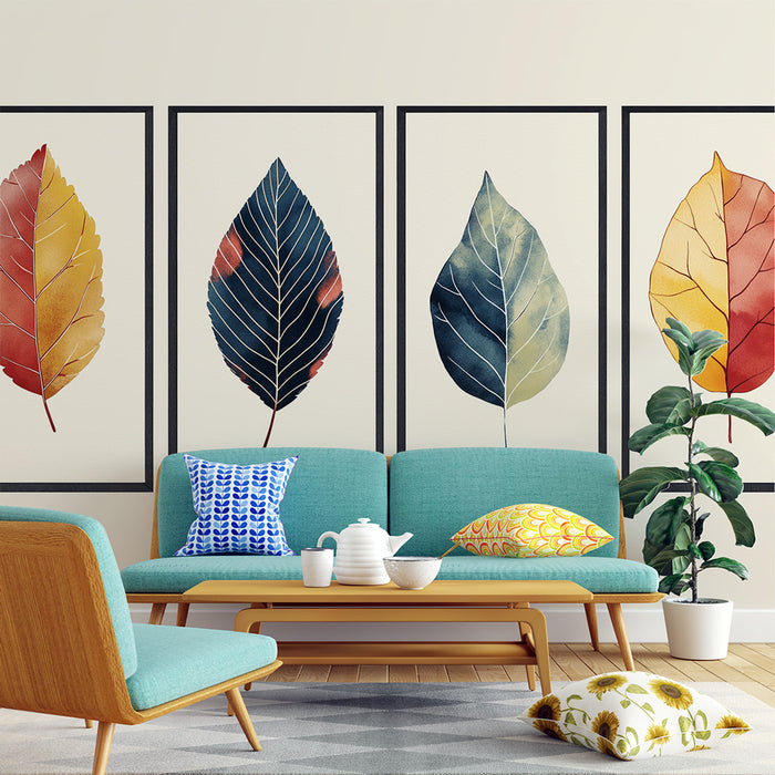 Un salon lumineux avec un papier peint artistique représentant de grandes feuilles colorées, créant une ambiance chaleureuse et naturelle.