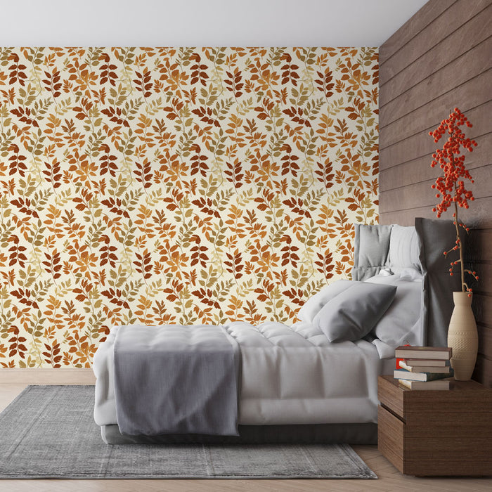 Une chambre moderne avec un papier peint floral aux teintes chaudes de rouge, orange et vert sur fond crème, créant une atmosphère accueillante et naturelle.
