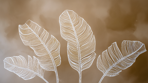 Papier peint feuilles blanches Élégantes feuilles dessinées sur fond terre cuite