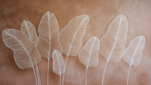 Papier peint feuilles blanches Élégantes feuilles stylisées sur fond terre cuite