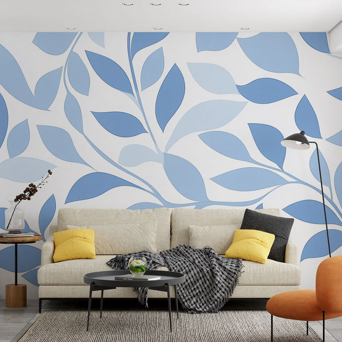 Papier peint feuilles bleues | Douces silhouettes sur fond blanc