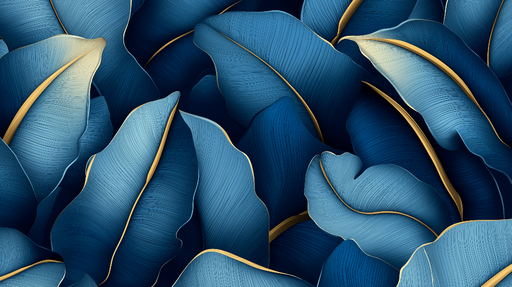 Papier peint feuilles bleues Feuilles stylisées en nuances de bleu et or
