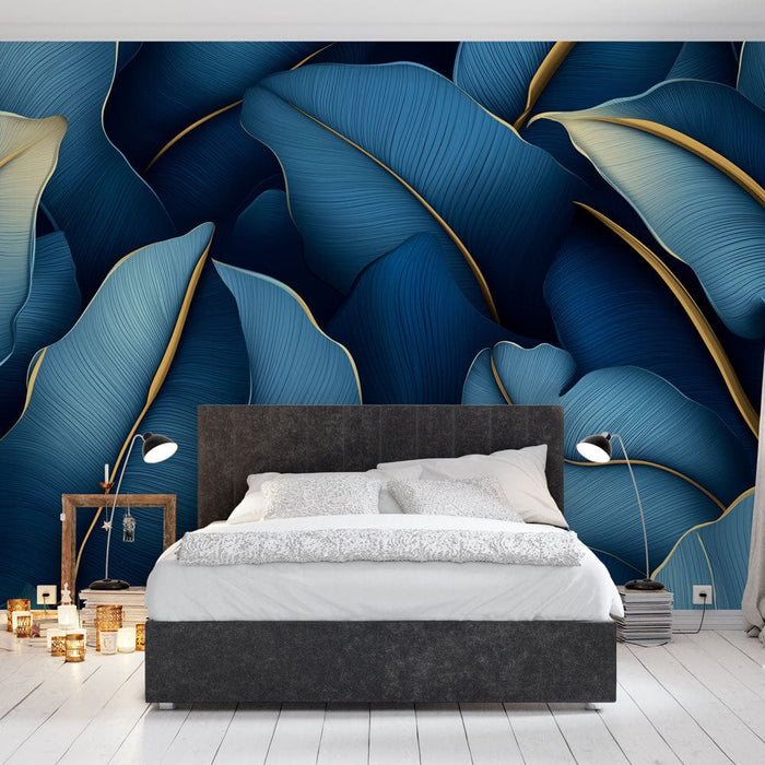 Papier peint feuilles bleues | Feuilles stylisées en nuances de bleu et or