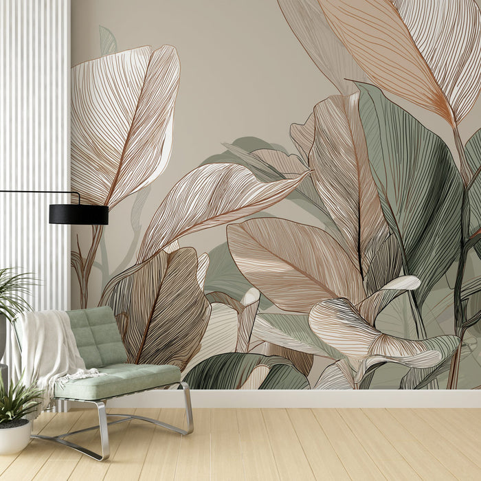 Une pièce moderne avec un papier peint représentant de grandes feuilles stylisées aux teintes douces de vert, beige et marron, créant une ambiance apaisante et naturelle.