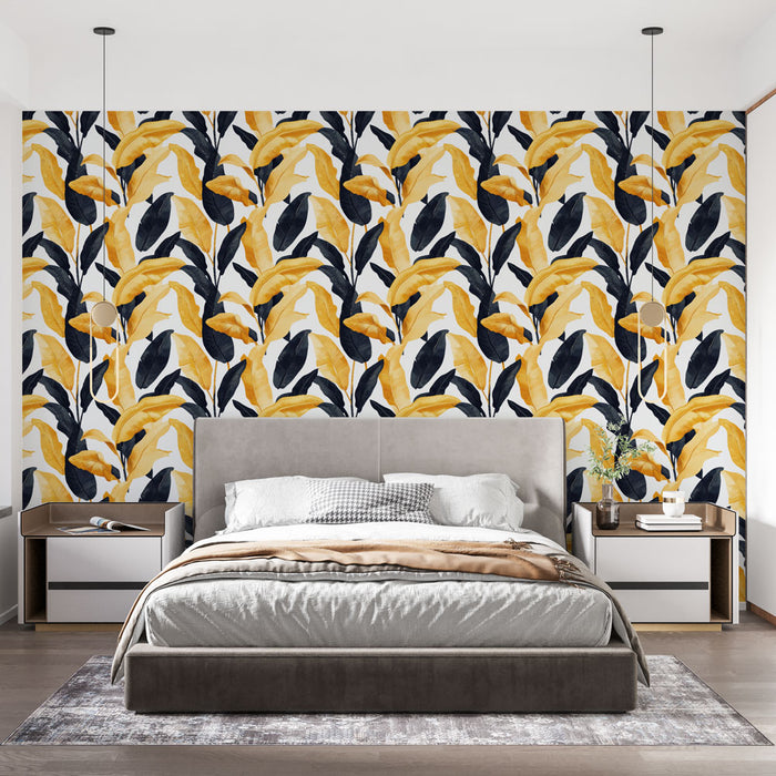 Une chambre moderne avec un papier peint floral aux motifs de feuilles jaunes et noires sur fond clair, créant une atmosphère chaleureuse et dynamique.