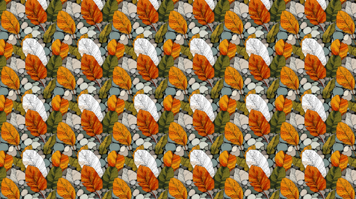 Papier peint feuilles colorées Motif de feuilles orange blanches et vertes sur fond de galets